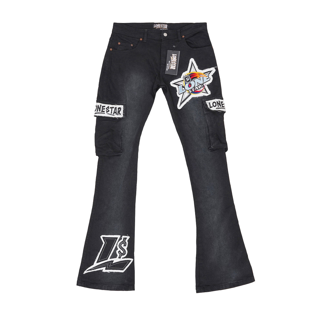 Lone$tar “Blaze Patchwork” Black Flare Cargo Jeans