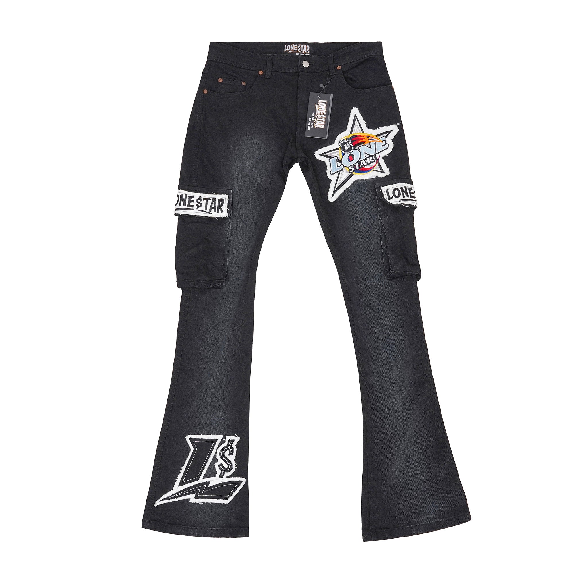 Lone$tar “Blaze Patchwork” Black Flare Cargo Jeans