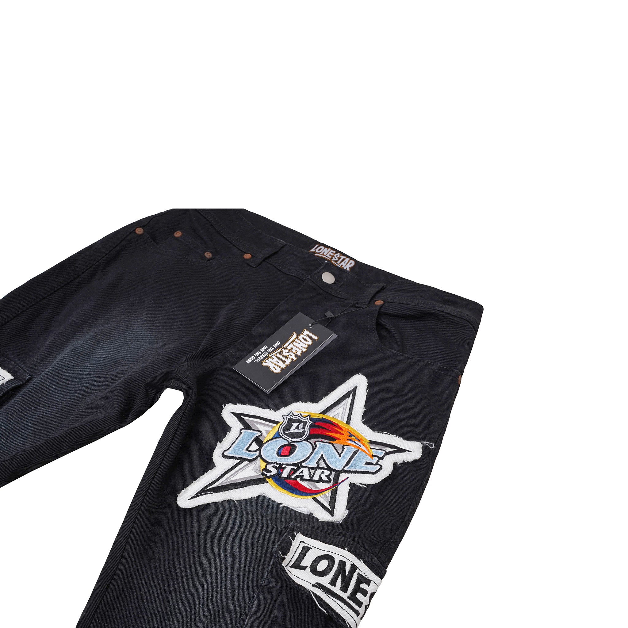 Lone$tar “Blaze Patchwork” Black Flare Cargo Jeans