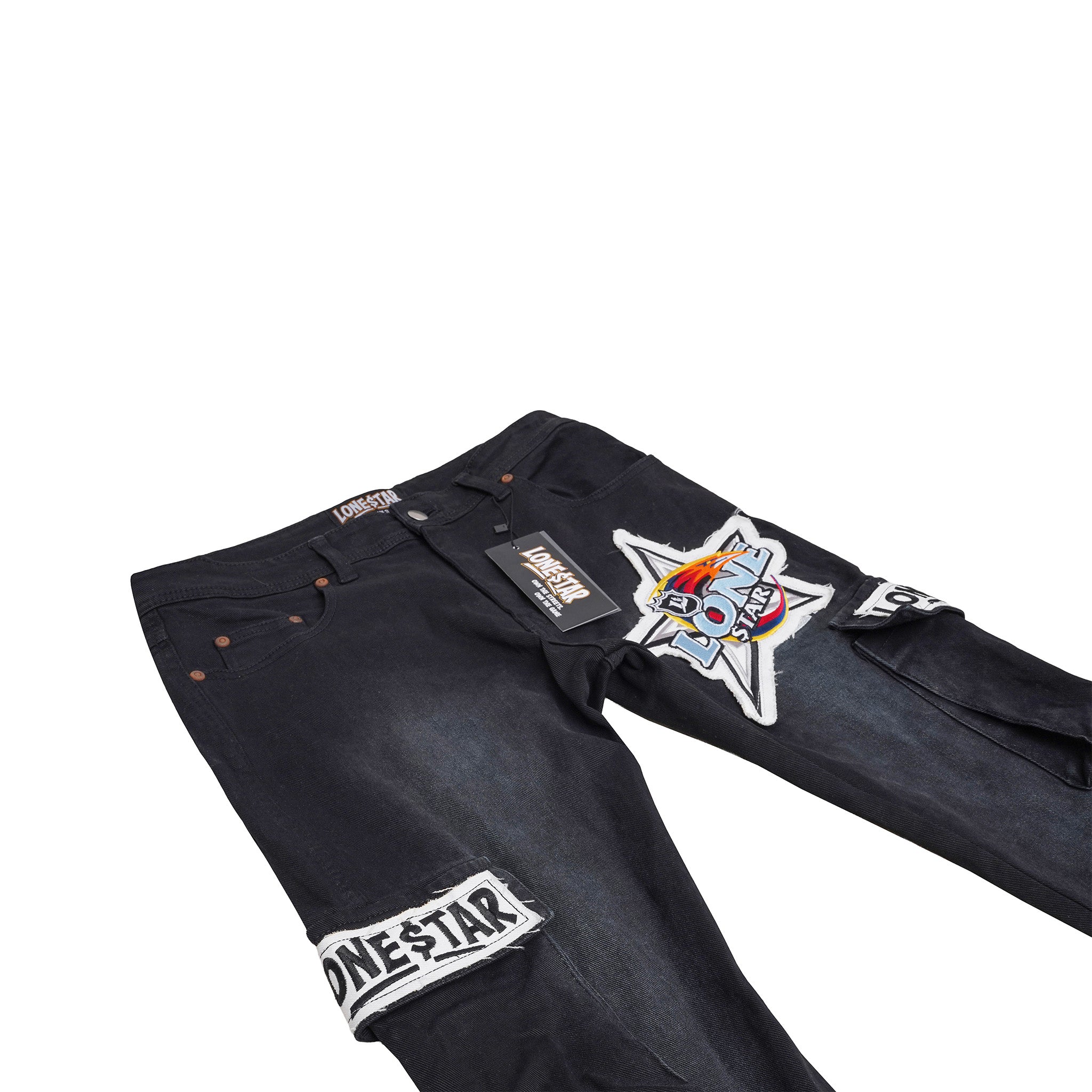 Lone$tar “Blaze Patchwork” Black Flare Cargo Jeans