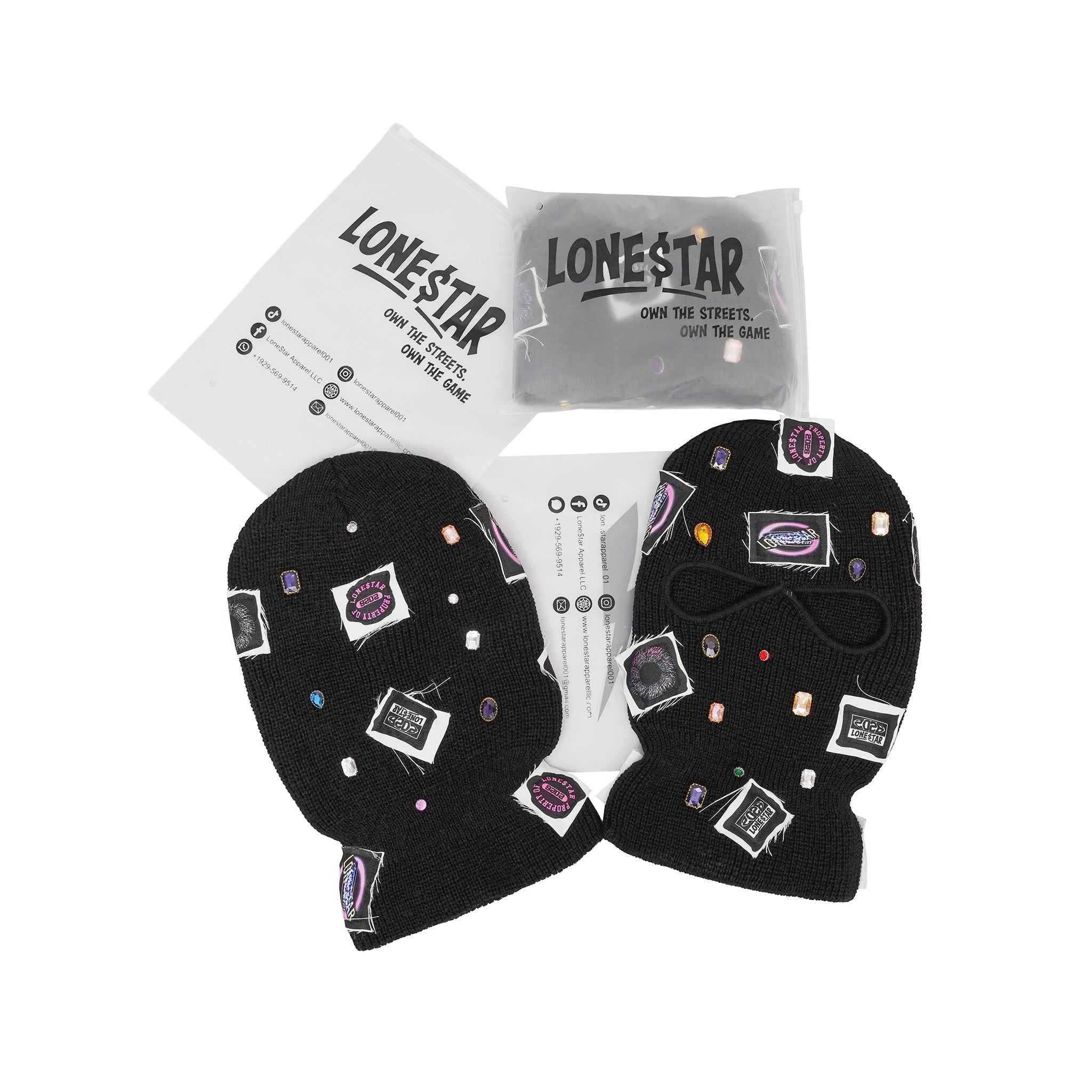 Lone$tar “Gems & Patches” Designer Black Knit Balaclava
